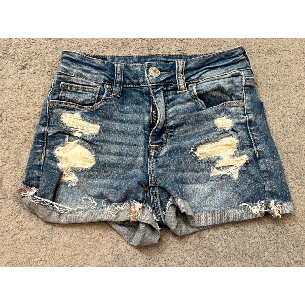 American Eagle Hi-Rise Shortie Distressed Denim Shorts Next Level Stretch Size 0